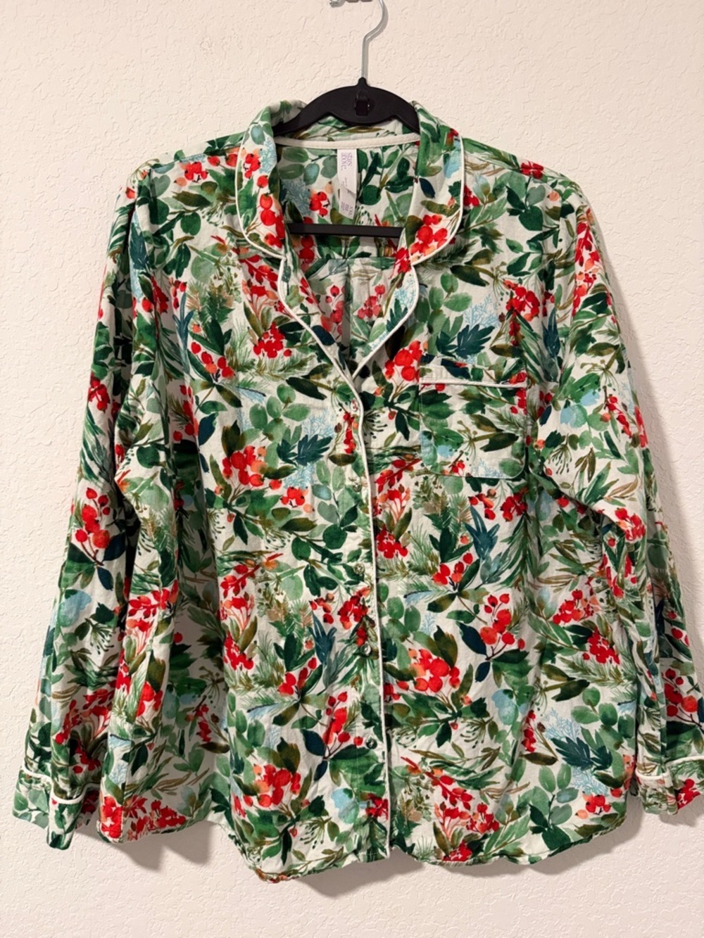 stars above Red & Green Floral Satin Pajama Shirt